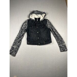 Free People Black Distressed Hooded Knit Sleeves Denim Jacket Sz XS
